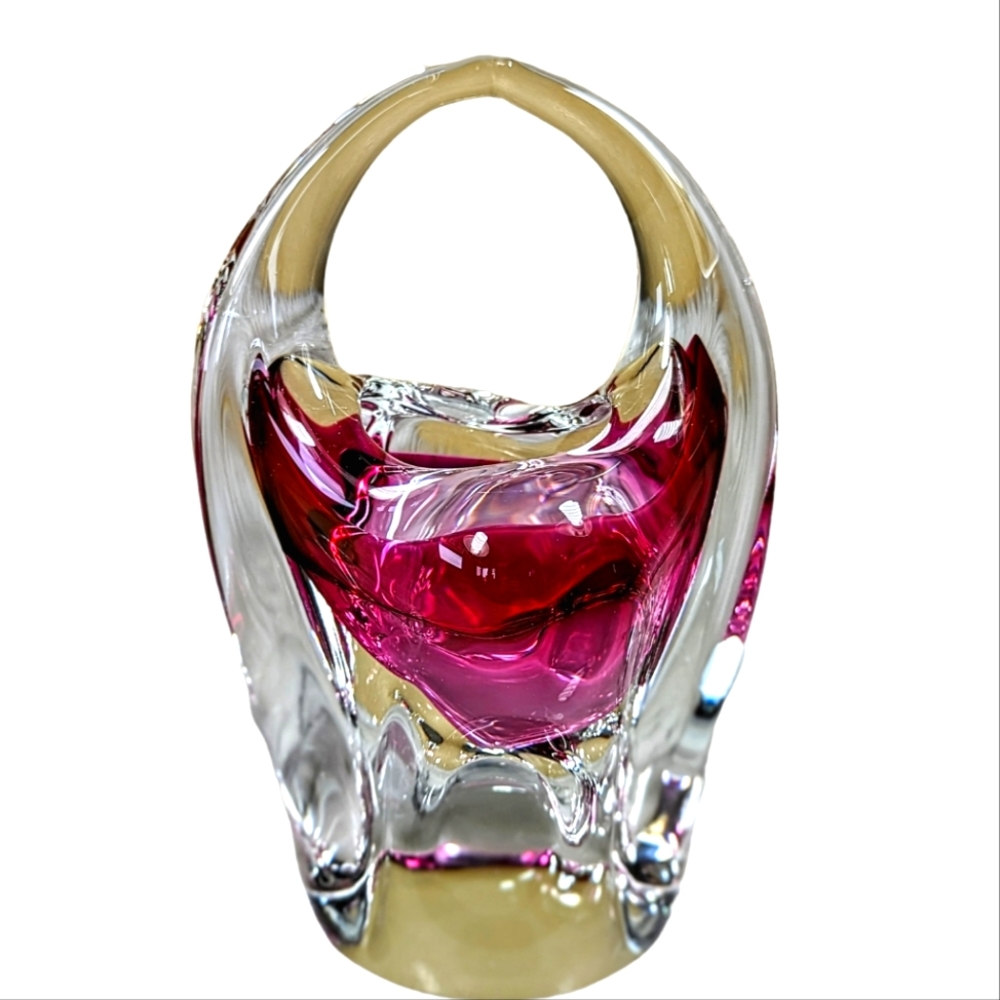 Bohemian Art Glass Hand Blown Fushia To Clear Basket Czechoslovakian